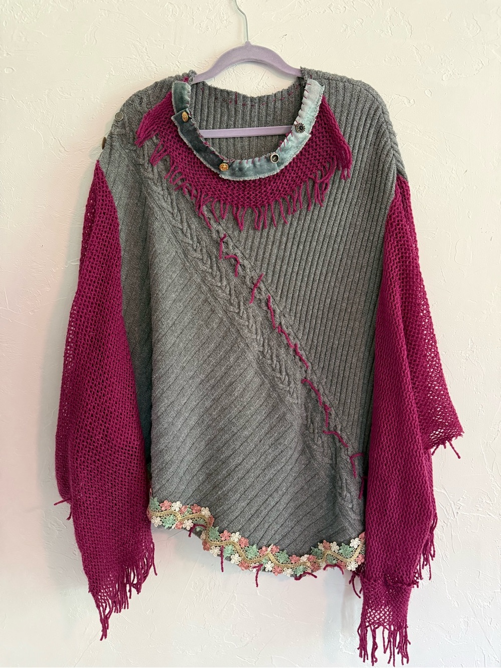 Upcycled Boho Grunge Sweater Tunic Poncho Burgundy Gray Lace Trim OS